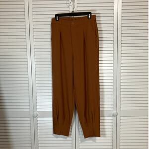Brown High-Waisted Pleated Women Balloon Pants with Cuffed Hems L